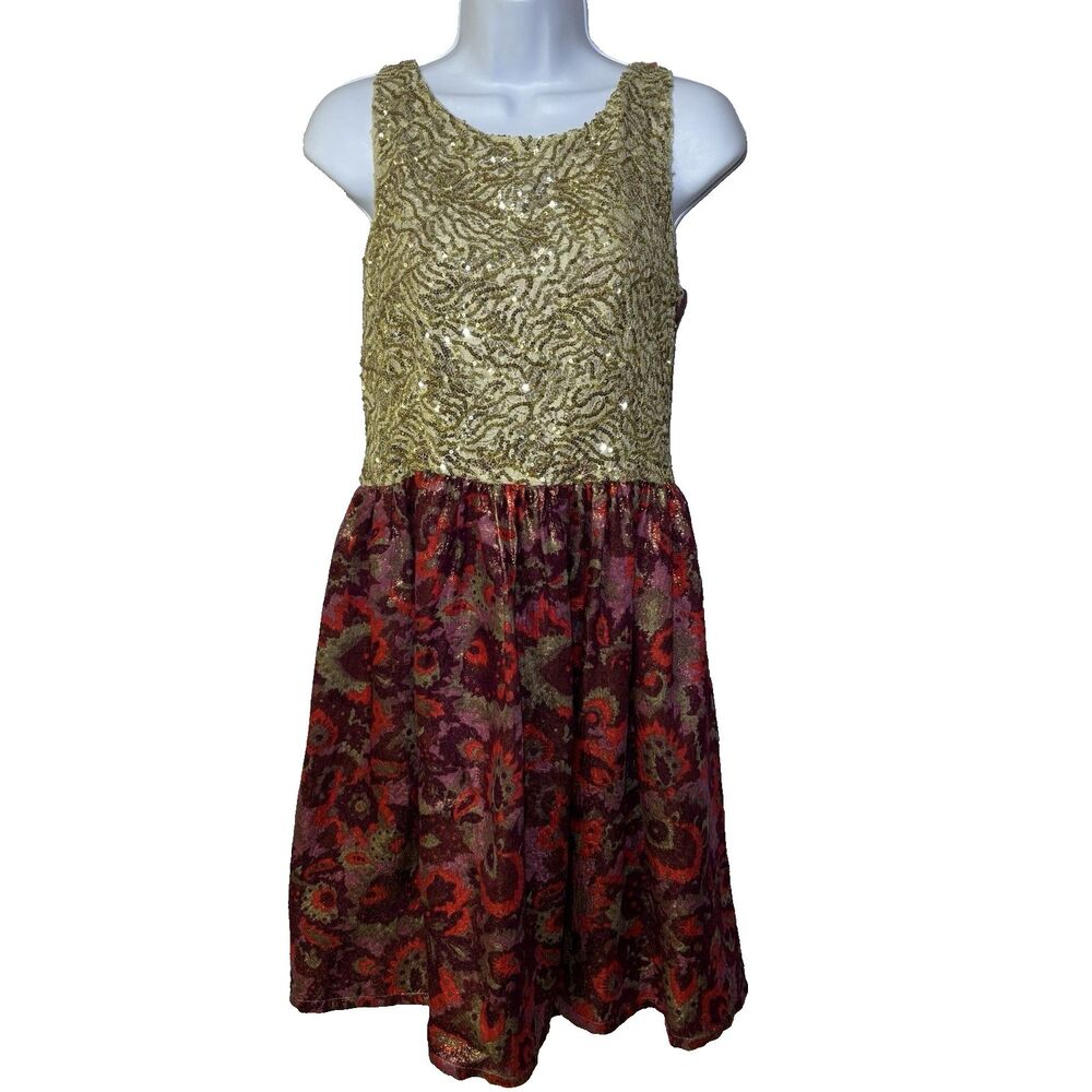 Anthropologie Wren Gold Sequin Floral Jacquard Cocktail Dress Size Medium Bling